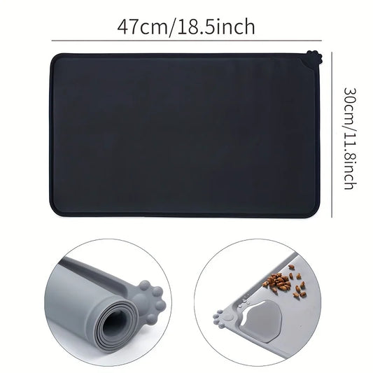Silicone Pet Food Mat 47cm x 30cm waterproof feeding tray for dogs and cats, non-stick and easy to clean.