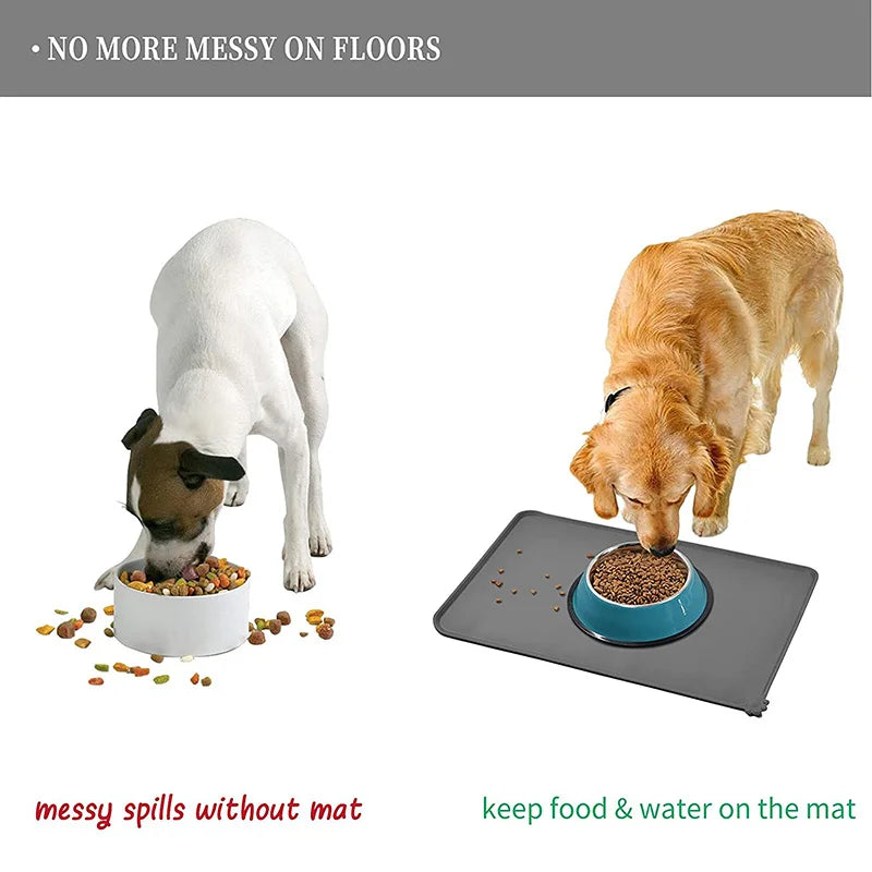 Silicone Pet Food Mat comparison showing messy spills without mat versus clean feeding area with mat for dogs.