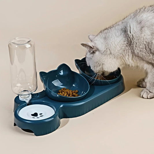 3-in-1 Cat Bowls with Water Feeder – Tilted Food & Drink Set