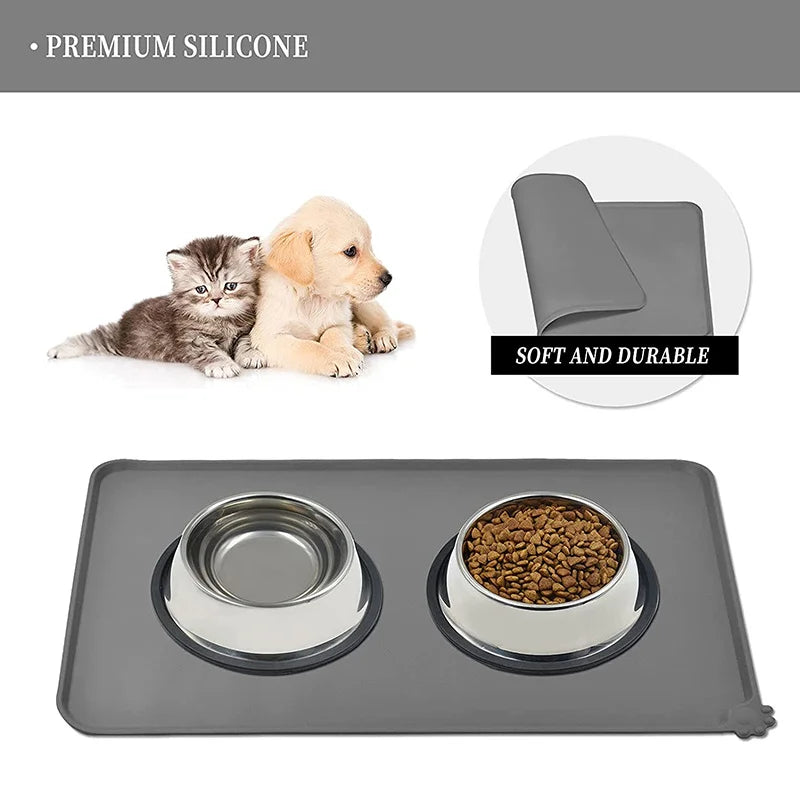 Silicone Pet Food Mat with dog and cat bowls, premium silicone dog and cat feeding tray, waterproof and non-stick design.