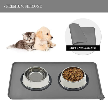Silicone Pet Food Mat with dog and cat bowls, premium silicone dog and cat feeding tray, waterproof and non-stick design.